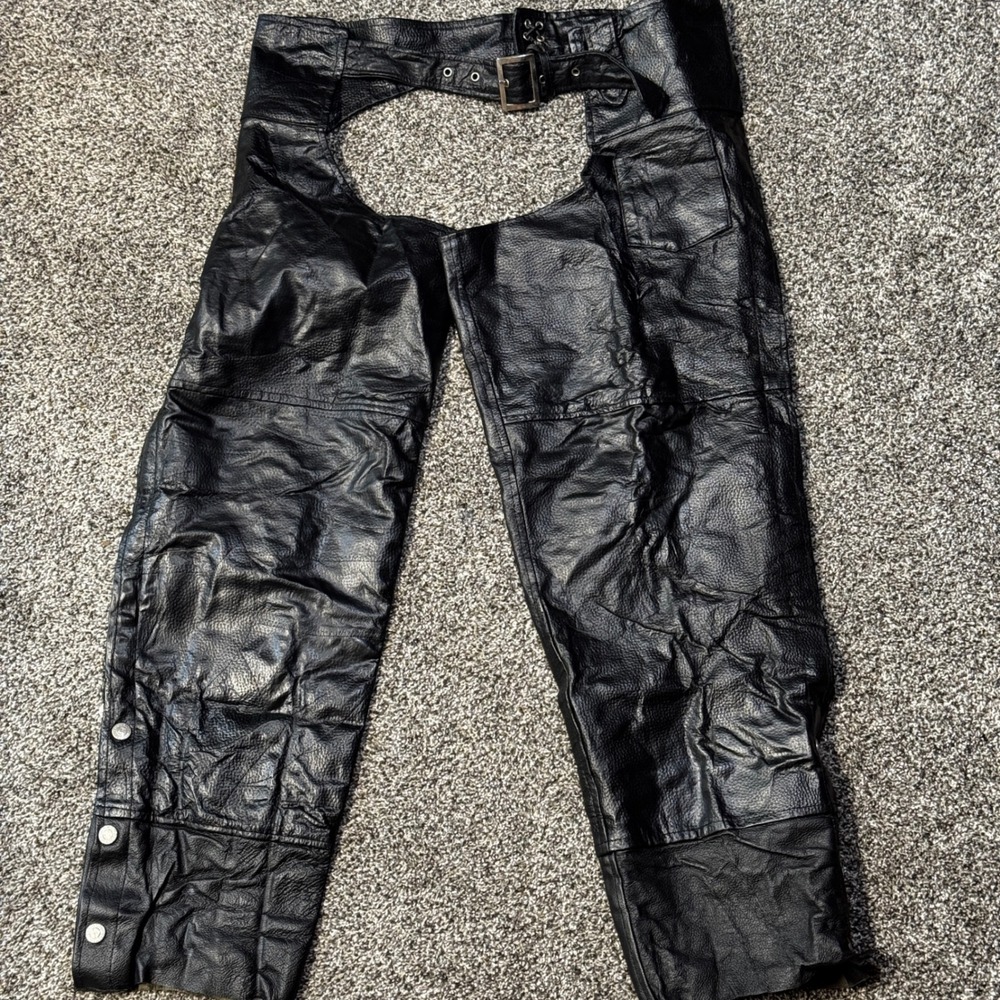 Diamond Plate Buffalo Leather Motorcycle Chaps Black Biker Riding Gear Large